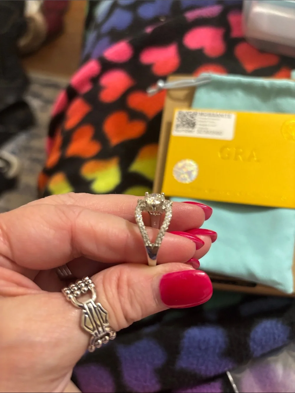 White Moissanite Halo Ring with Pavé Band - Unbranded